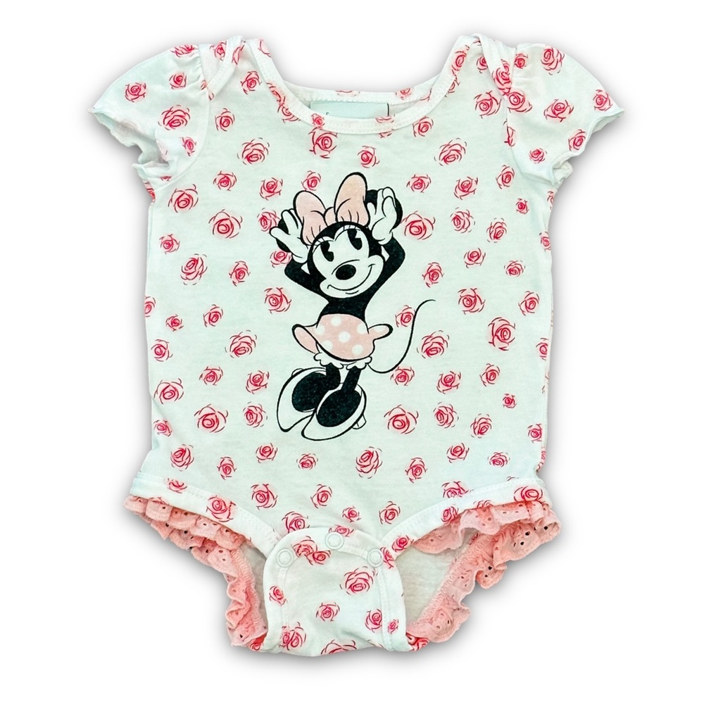 Disney Parks 3M Minnie Mouse Graphic Pink Roses Eyelet Ruffles Cotton Onesie